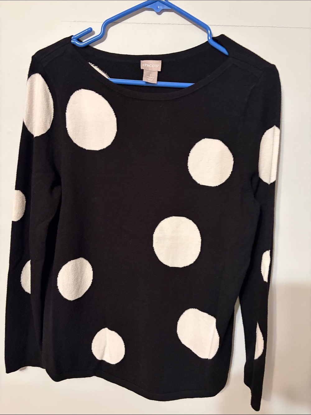Chico's Black Sweater with White Polka Dots. Med. Chicos 1. EUC.rayon/poly.